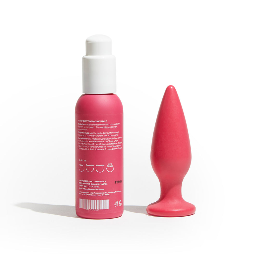 Set Dafne con plug anale Holly 100% bio-based e flacone di lubrificante Doride visto dal retro con etichetta ingredienti, colore rosso magenta su sfondo bianco