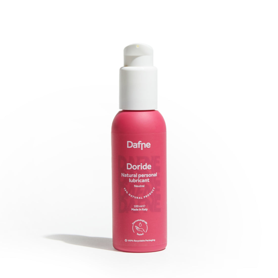 Lubrificante intimo Doride Dafne, neutro, naturale e a base d'acqua, in flacone magenta su sfondo bianco