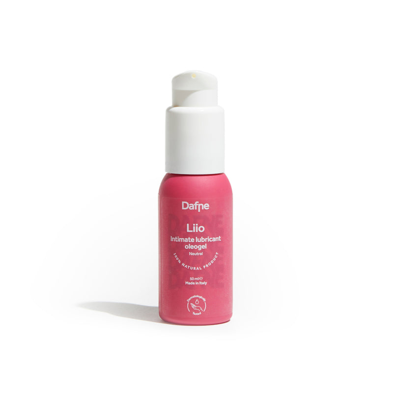 Lubrificante intimo Liio Dafne, naturale e a base d’olio, in flacone magenta su sfondo bianco