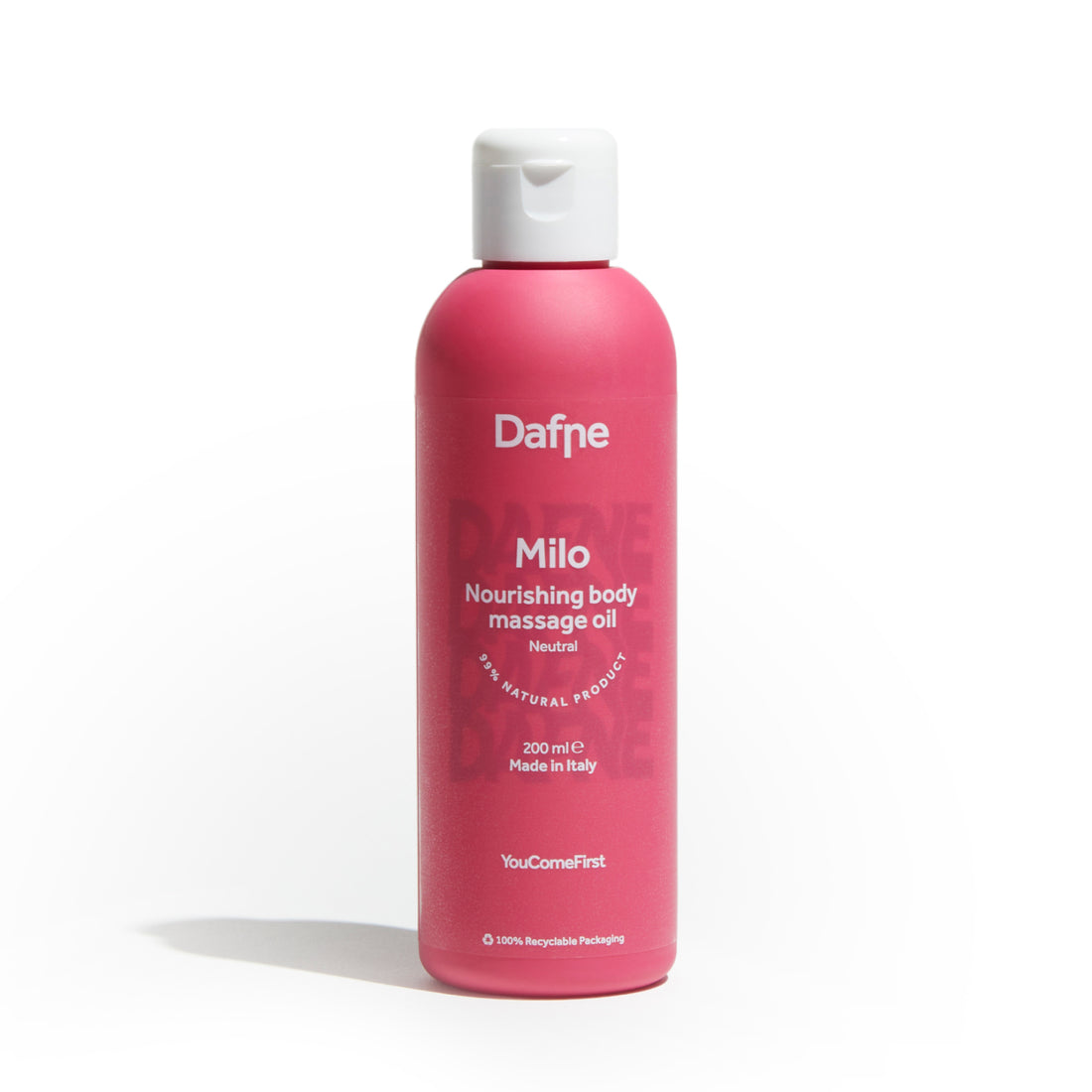 Olio massaggi Milo Dafne, neutro e naturale, in flacone magenta su sfondo bianco