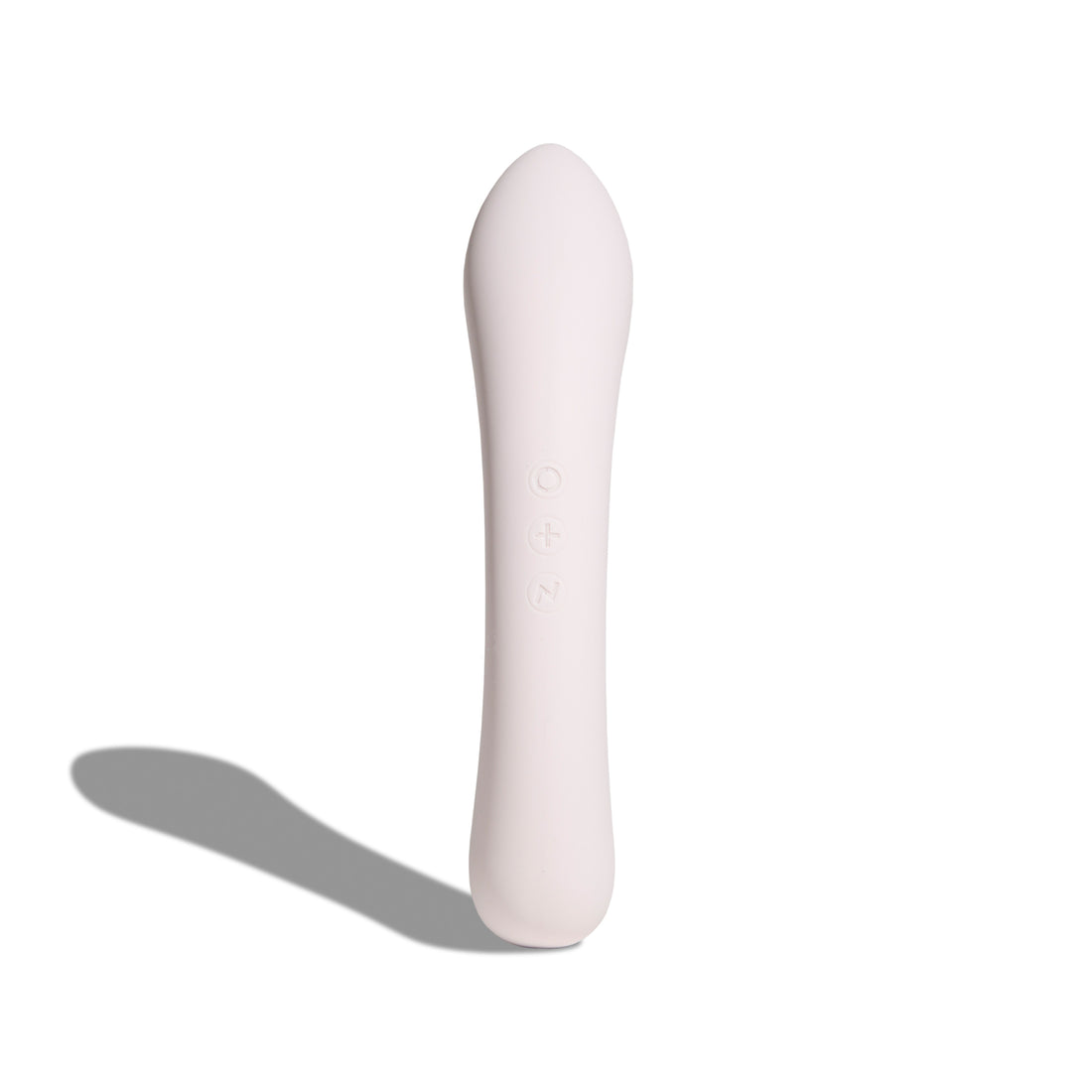 Vibratore Double Trouble nude in silicone, vista frontale verticale con dettagli dei pulsanti di controllo su sfondo bianco