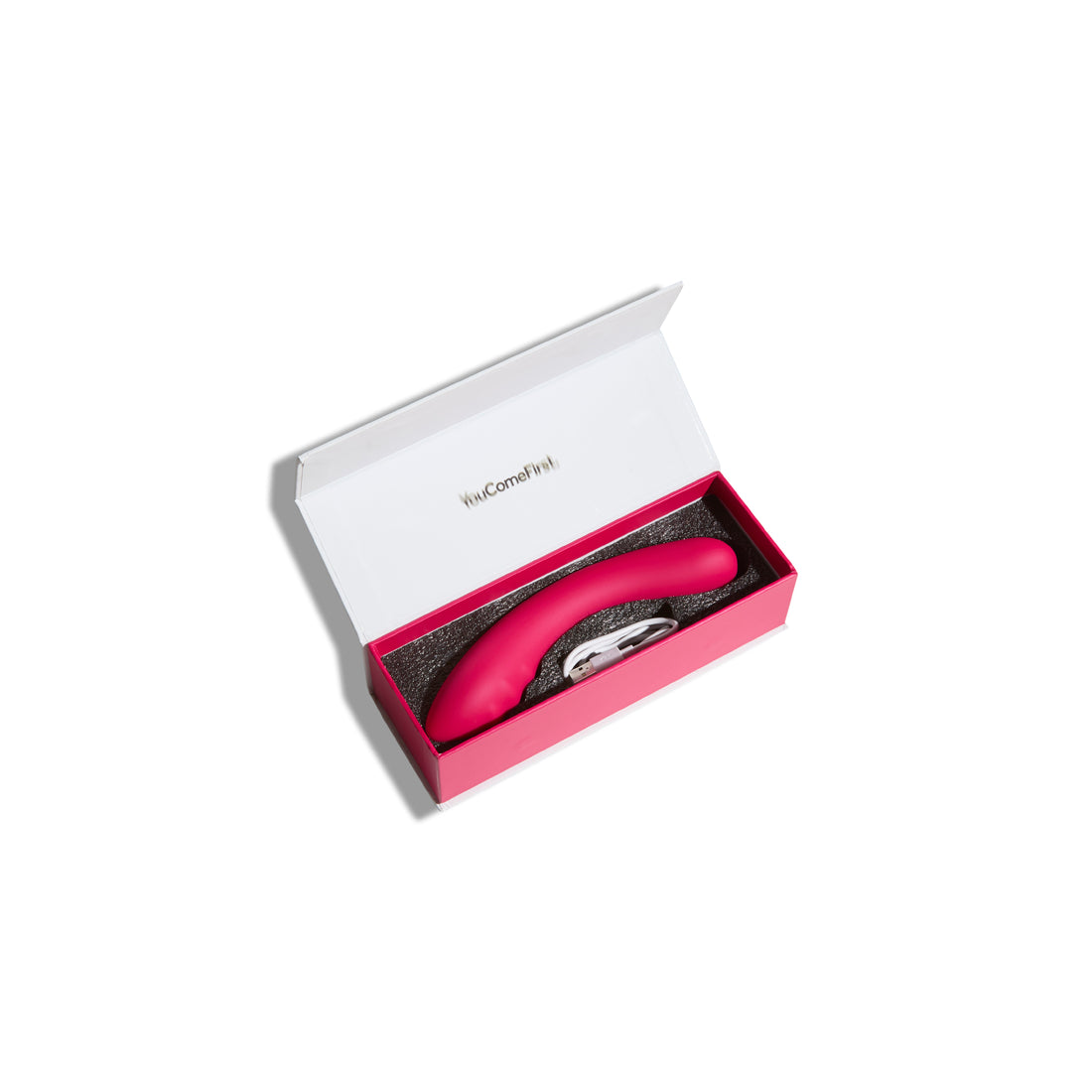 Vibratore rosso Double Trouble in confezione regalo Dafne, esposto all’interno della scatola magenta con coperchio bianco aperto