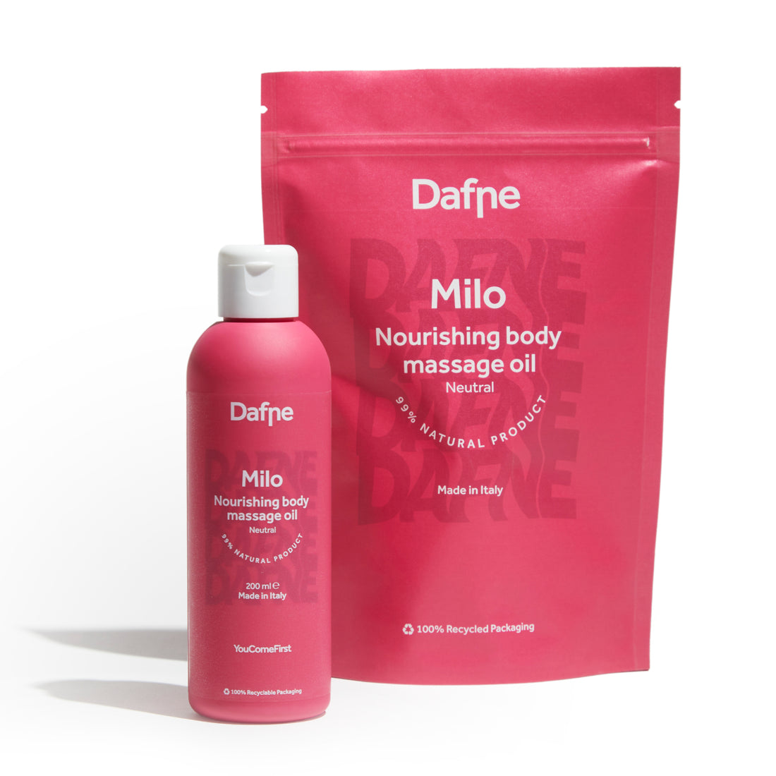 Olio massaggio Milo neutro con flacone e doypack in materiale riciclato su sfondo bianco
