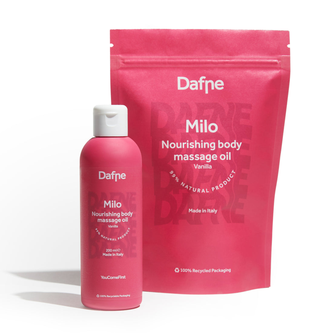 Olio massaggio Milo alla vaniglia con flacone e doypack in materiale riciclato su sfondo bianco