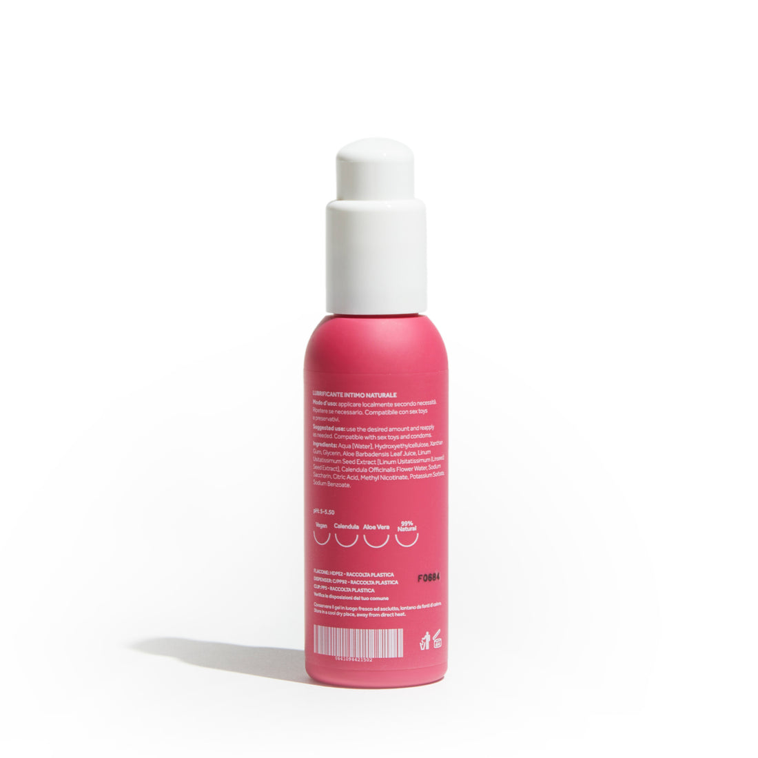 Lubrificante Doride Dafne a base d'acqua, flacone visto dal retro con etichetta ingredienti su sfondo bianco