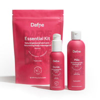 Essential Kit Dafne con olio  massaggio Milo e lubrificante Doride in flacone e doypack in materiale riciclato su sfondo bianco