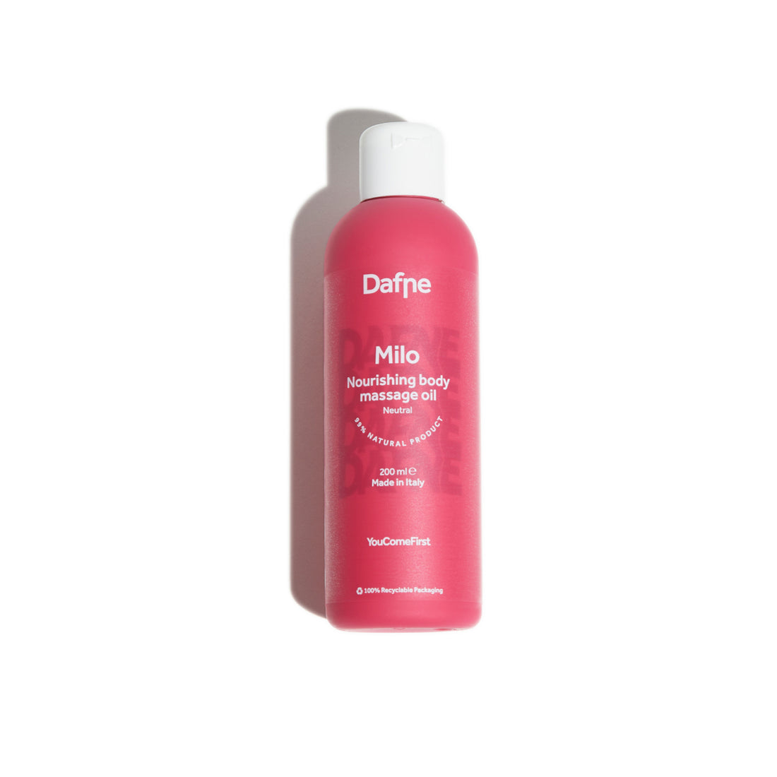 Olio massaggi Milo Dafne, neutro e naturale, in flacone magenta su sfondo bianco